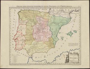 Tarjeta postal de España y Portugal. Delineatio Cursuum Publicorum Regni Hispaniae Et Portugalliae de Franz Johann Joseph von Reilly  